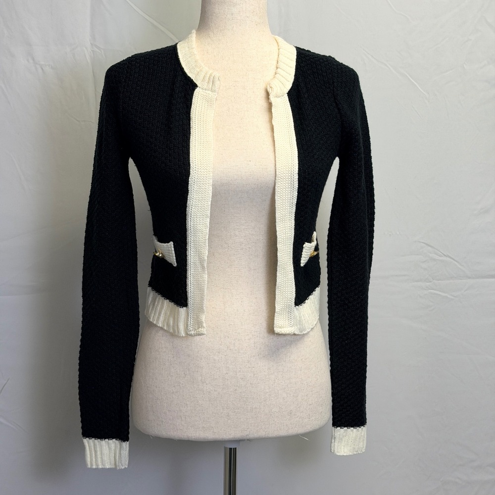 Vintage Charlotte Russe Y2K Black Cream Knit Cropped Cardigan Gold Button Small